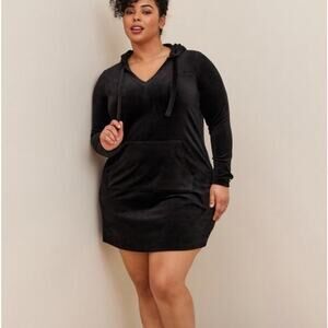 Torrid Velour Hooded Long Sleeve Mini Lounge Gown Deep Black 0 FLAW
